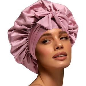 Silk Bonnet for Women, Satin Bonnet for Sleeping, Large Sleep Cap with Elastic Tie Band for Curly Hair (Pink)