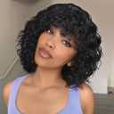 HUA Curly Wig With Bangs Human Hair for Black Women Glueless 12 Inch Water Deep Wave Bob Human Hair Wigs With Bangs for Black Women Short Curly Human Hair Wig With Bangs 180% Density (1B)