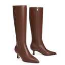 Modatope Knee High Boots Kitten Low Heel Faux Leather Pointed Toe Side Zipper Fall Long Tall Boots for Women (9.5, Brown Pu)