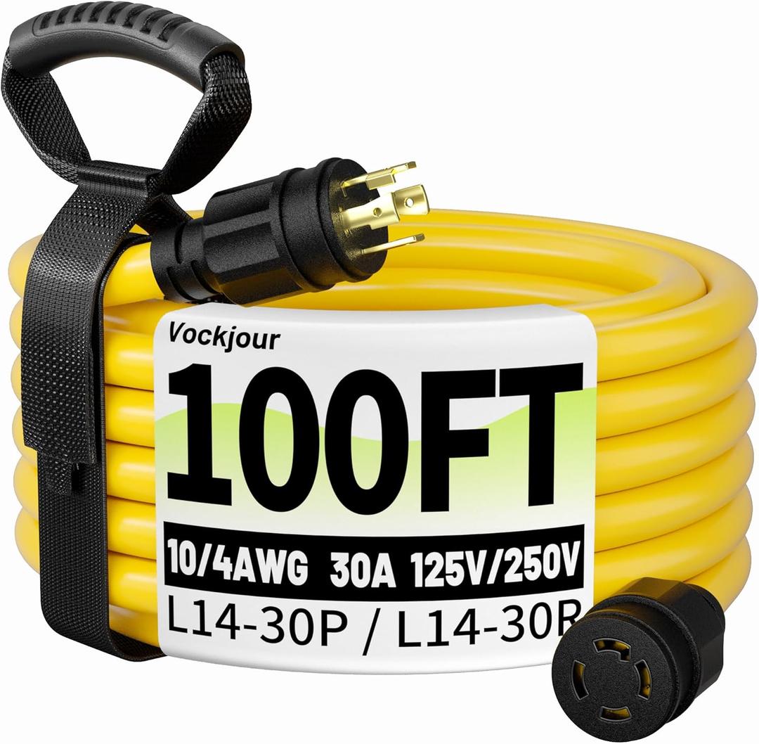 100FT 30 Amp Generator Cord, Outdoor Heavy Duty 4 Prong Extension Cord with Twist Lock, NEMA L14-30P/L14-30R, 30A 125/250V, 10 Gauge, STW, for Home Emergencies, RVs, ETL Listed, Yellow