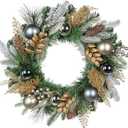 20 inch Christmas Door Wreath, Norfolk Pine Wreaths for Front Door with Silver Ball Glittered Leaf Spray Stems Pinecones Berries for Fireplace Xmas Decorations, Wall Window Indoor Outdoor Decor