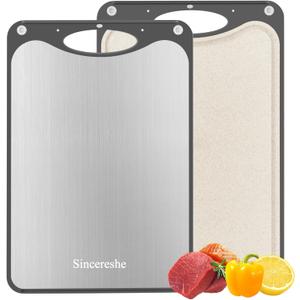 Double Sided Titanium Cutting Board - 15x10 Inch Non-Slip Kitchen Chopping Board with Juice Groove, Wheat Straw Side & Garlic Grater, Dishwasher Safe, Knife-Friendly