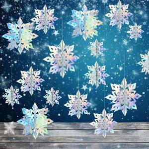 OuMuaMua Winter Christmas Snowflake Decorations, 30PCS 3D Laser Iridescent Snowflakes Hanging Decorations in 3 Sizes for Christmas Winter Wonderland Holiday Home Decor Indoor
