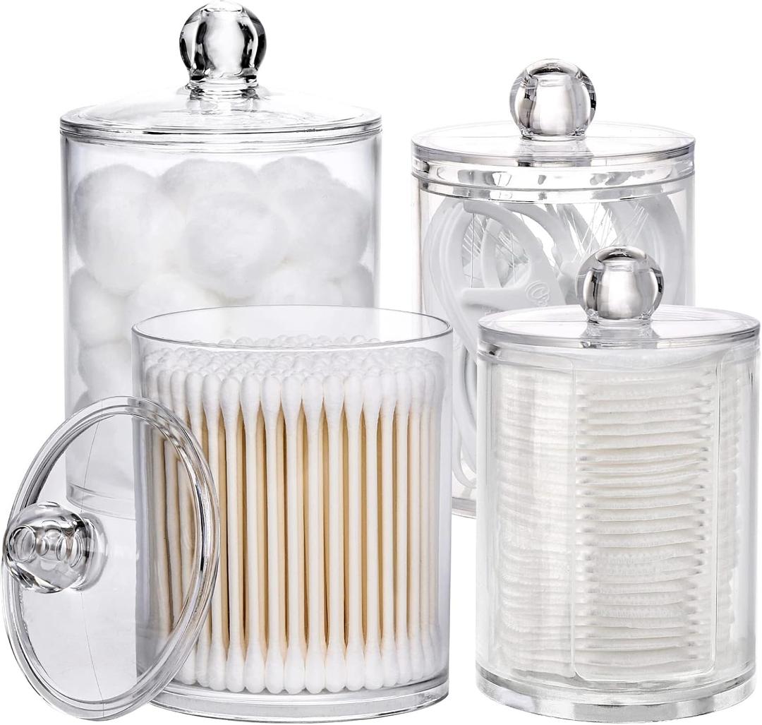 Tbestmax 12 oz, 10 oz Qtip Holder, 4 Pcs Clear Restroom Bathroom Organizers and Storage Containers for Cotton Ball, Cotton Swab, Cotton Round Pads, Floss, Plastic Apothecary Jars Set with Lids