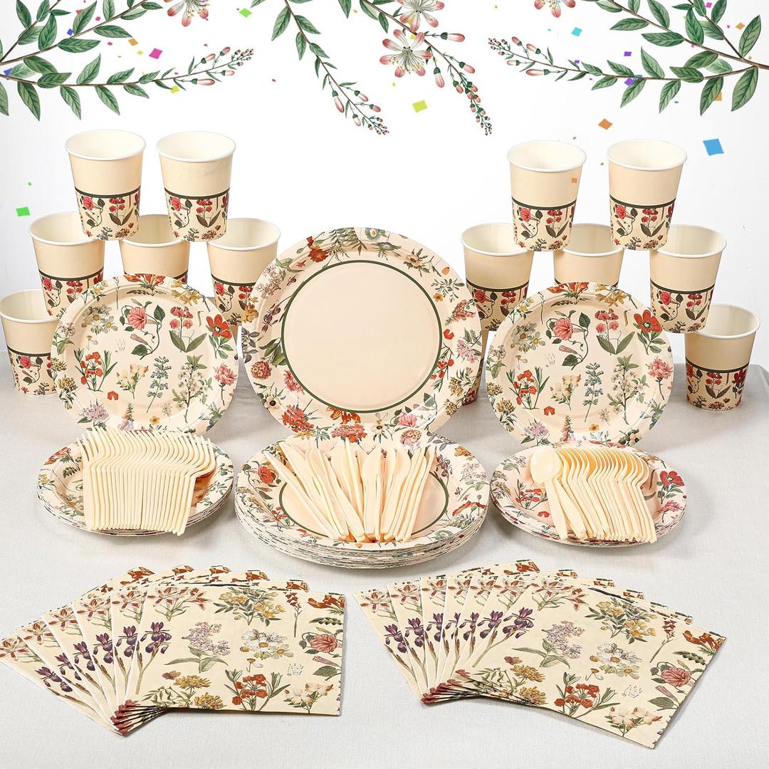 Roshtia Floral Party Supplies for 25 Guests - Disposable Flower Paper Plates & Napkins, Tableware for Girls & Women Birthday Tea Party Decorations, Floral Disposable Dinnerware