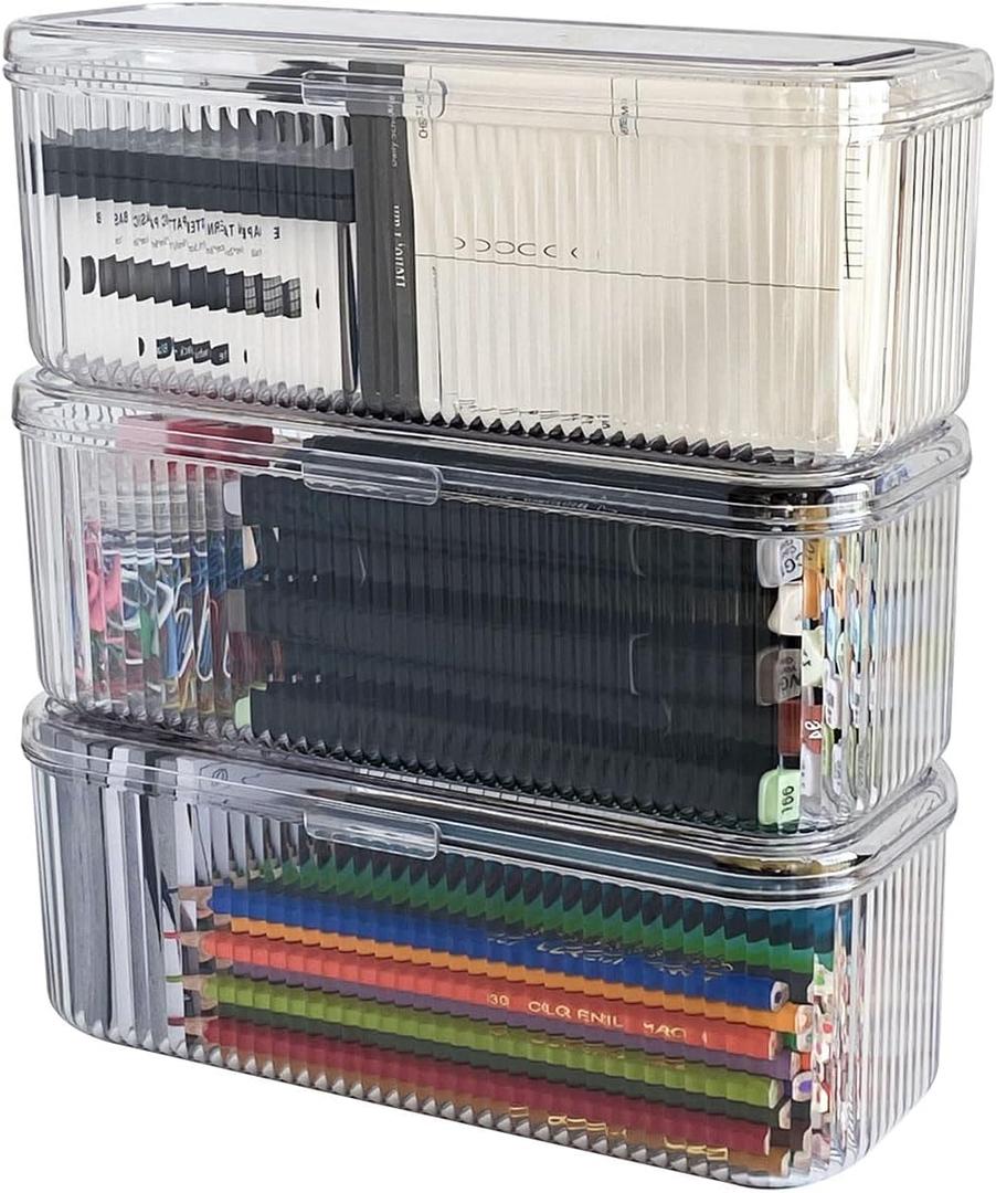 3 Pack Clear Pen Organizer for Desk Drawer, Plastic Home Office Supplies Storage Container for Marker, Crayons, Brushes, Mini Toys, Art Crafts, Pencil Case with Lid