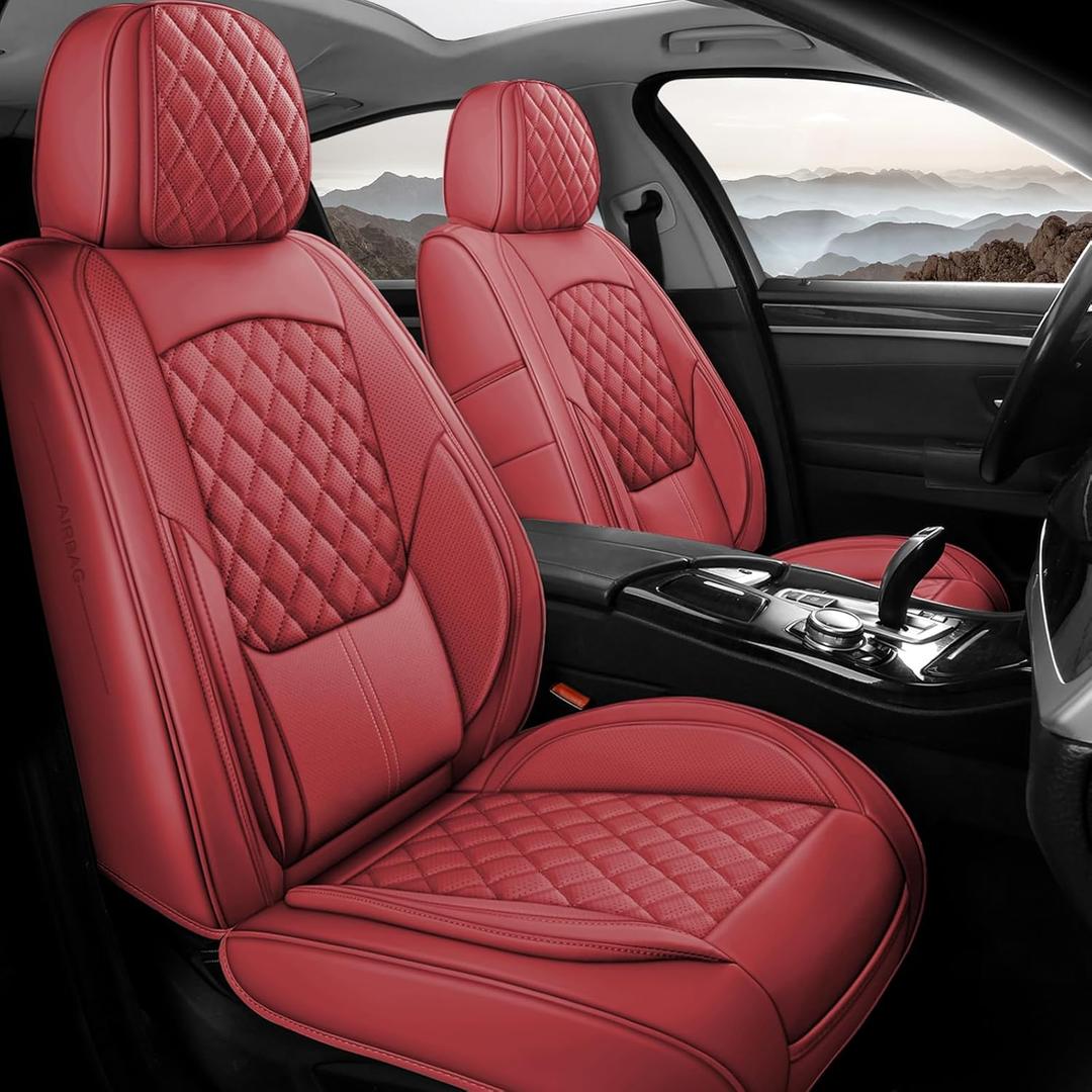 Car Seat Covers Full Set, 5 Seats Universal Waterproof Leather Vehicle Cushion for Automotive Front and Rear, Protectors Fit for Most SUV Truck Sedans Pick-up, Airbag Compatible (Red)