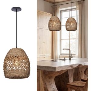 9.8" Mini Boho Rattan Chandelier Light Fixture, 1-Light Hand Woven Wicker Pendant Lights Kitchen Island Farmhouse Rustic Hanging Lamp for Dining Room, Bedroom, Nursery, Entryway, Foyer