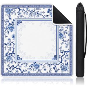 Chinoiserie Blue and White Mahjong Mat, Floral Square Non-Slip Table Cover Vintage Playing Pad for Mahjong Games Noise Reduction Surface 31.5" x 31.5"