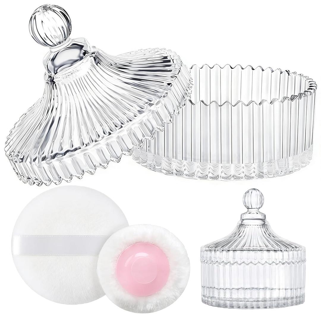 LAKIRA Large Body Powder Puff and Container, 2 Large Powder Puffs, Crystal Powder Container with 3.93" Puff for Baby Women, Dusting Powder Container with Puffs for Women, Bath, Home Use (4″ Pure)