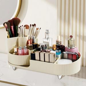 Rotating Makeup Organizer Cosmetic Organizer, Cosmetic Display Case Round Vanity Makeup Organizer Cosmetic Storage Display box for Skincare, Brushes, Eyeshadow, Lipstick (Creamy White)