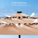 HOMSHADE 9FT 3-Tier Solar Patio Umbrella Heavy Duty, Vented Market Table Umbrella Windproof with 32 LED Lights, UPF50+, 5-Year Fade Resistant, 8 Thicker Ribs for Pool, Lawn, Garden, Deck (Beige,No Base)