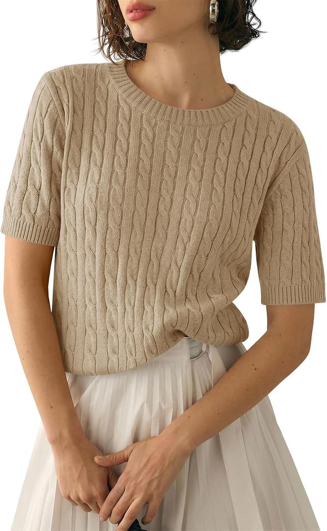 Saodimallsu Womens Cable Knit Sweater Tops Short Sleeve Crew Neck Loose Casual Summer Pullover Sweaters (Beige, M)