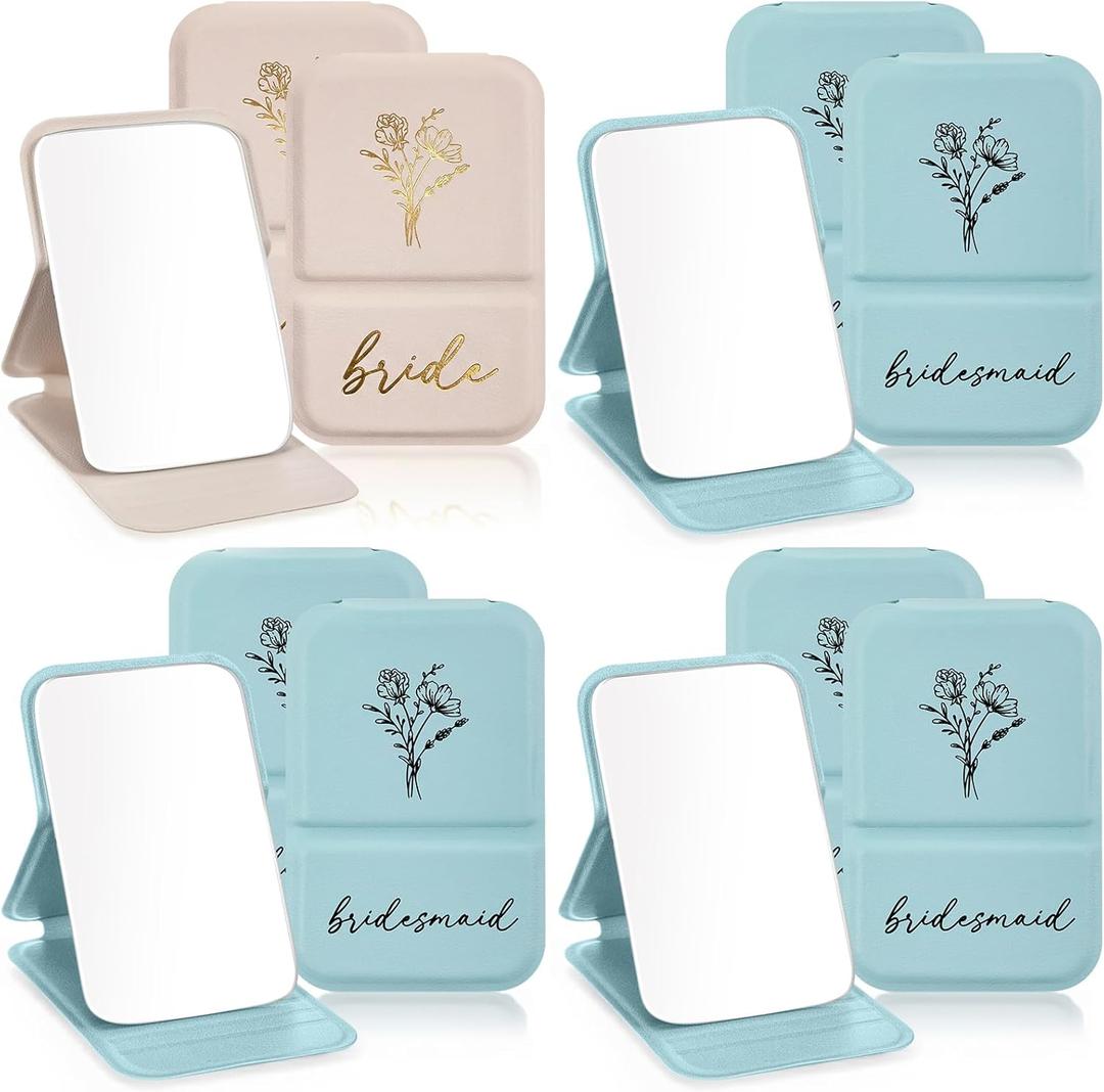 8 x Novabright 8 Pack Bridesmaid Proposal Compact Mirrors, Floral Engraved Folding Makeup Pocket Mirror Set for Women, Bridal Shower Bachelorette Party Wedding Favors Gifts(Blue, White)