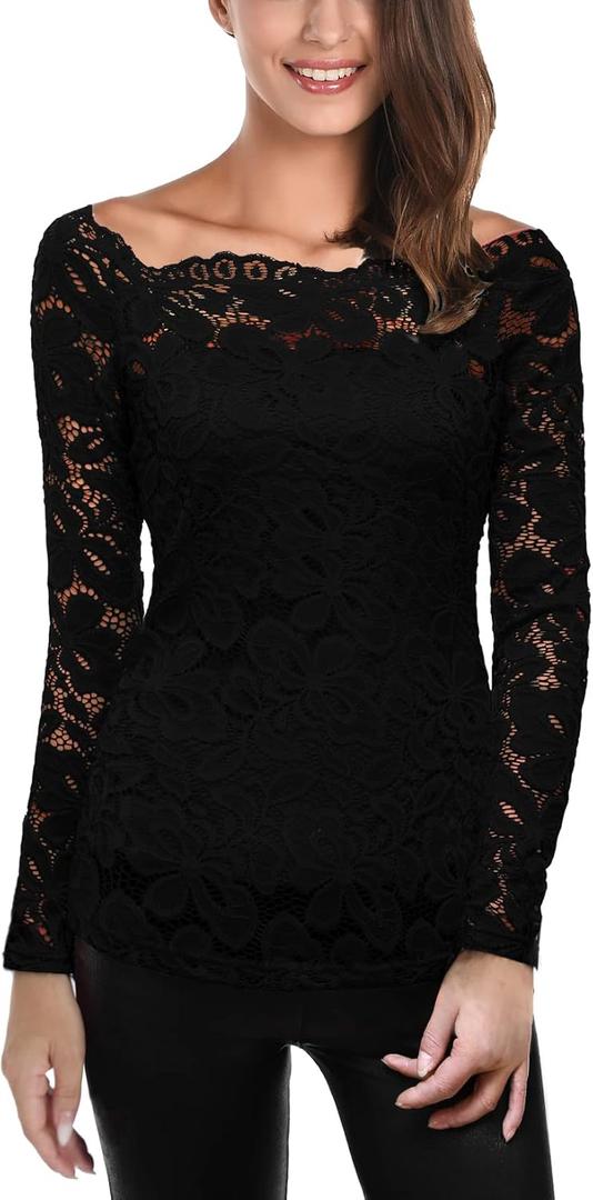 DJT Women Off Shoulder Tops Sexy Floral Lace Long Sleeve Slim Fit Tops T-Shirt Dressy Casual Party Clubwear (Medium)
