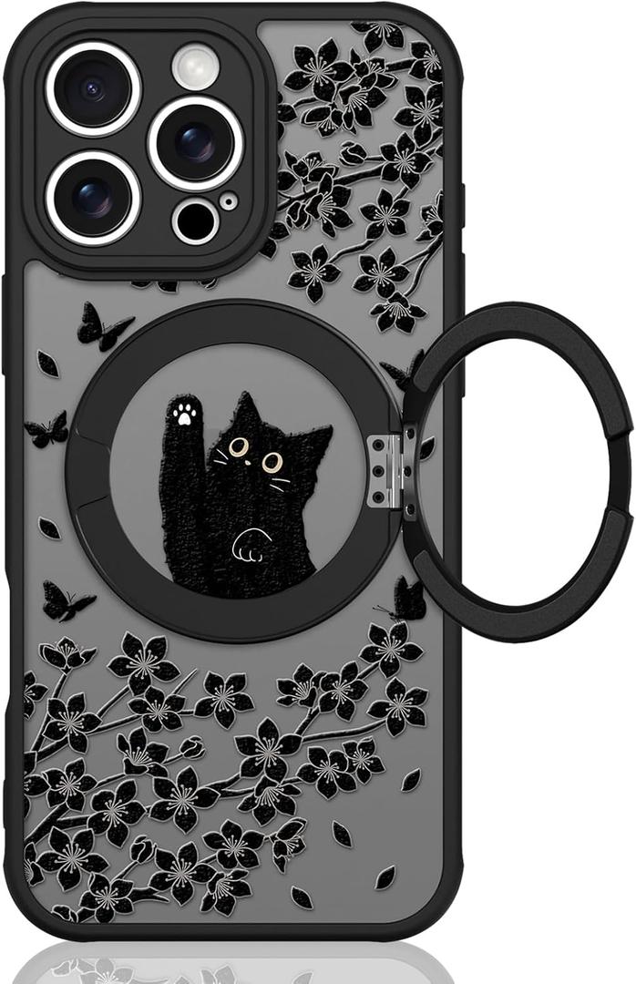 Cute Case for iPhone 16 Pro Case with Stand [ Compatible with MagSafe ] Kawaii Black Cat & Floral & Butterflies Pattern Design 360 Magnetic Ring Kickstand Phone Cover for Women Girls Boys