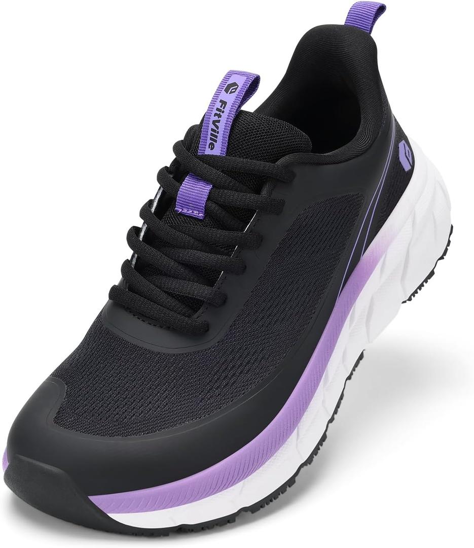FitVille Wide Toe Box Shoes Women Comfortable Non Slip Wide Walking Shoes Women Swollen Feet Lightweight (Black With French Violet), Size 9