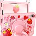 Boaretiu for iPad mini 7 A17 Pro Case for iPad mini 7th/6th Generation - Soft Silicone Cute Cartoon with Shoulder Strap & Rotating Stand Kawaii for Women Girls Girly Kid Teens Cover, Strawberry