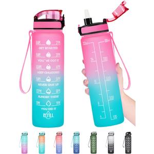 Enerbone Water Bottle, Leakproof BPA & Toxic Free, Motivational Water Bottle with Times to Drink and Straw, Fitness Sports Water Bottle with Strap for Office, Gym, Outdoor Sports (32 Ounces, Pink-Green)
