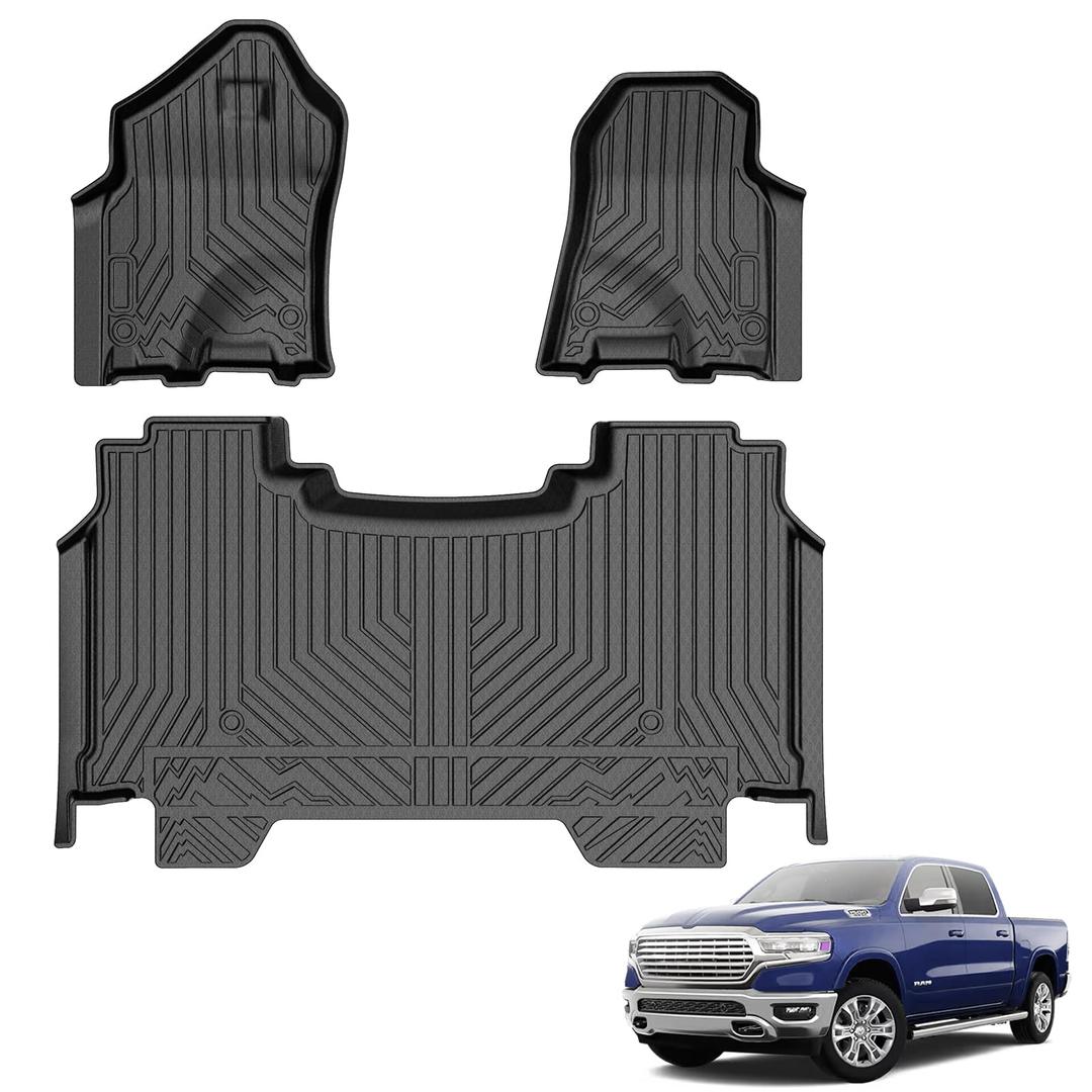 Powerty Floor Mats for Ram 1500 Crew Cab 2019-2024 Without Rear Under-Seat Factory Storage Bucket Seat (NOT for Classic Model) All Weather 3D TPE Anti-Slip Truck Liners for 1st & 2nd Row Accessories