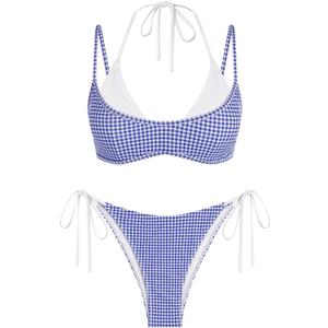 ZAFUL Women's Polka Dot Bikini Set Double Layer Halter Swimsuit Colorblock Side Tie 2 Piece Bathing Suit (Blue, L)