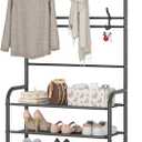 Entryway Coat Rack, Hall Tree Storage Shelf, Easy Assembly, with 4-Tier Shelf for Storage Shoes, Clothes, Black