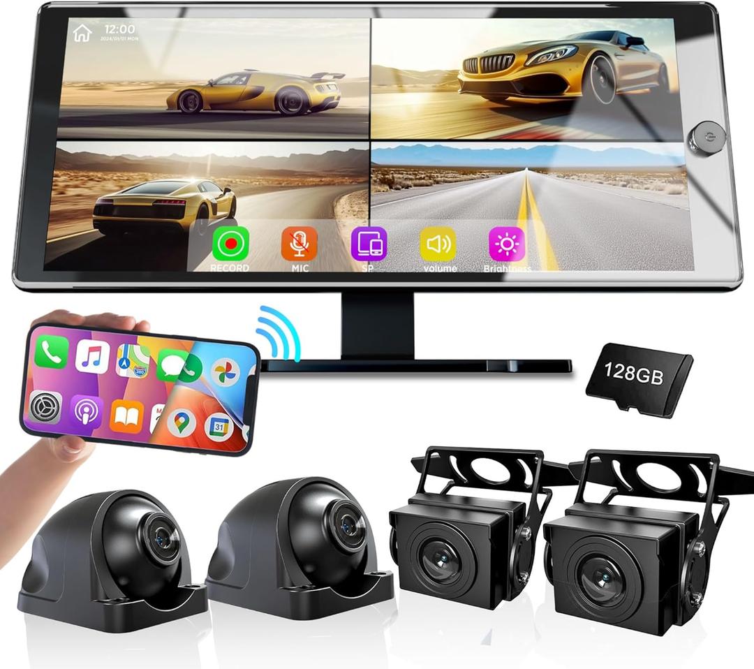 Wireless Carplay with 4K 4CH Dash Cam, Portable Carplay HD Touchscreen for Car, Carplay & Android Auto Car Radio w/DVR Recording, GPS Navigation/Mirror Link/Music Play - 10.36"