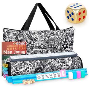 American Mahjong Game Set,166 Premium White Tiles with Portable Metal Dices4 All-in-One Racks with Pushers, Mah-Jong Games Sets, Ma Jong Tile Game (Black Jungle)