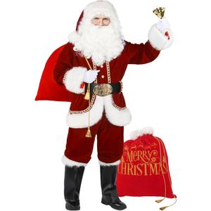 Santa Claus Costume for Men, 11pcs Deluxe Professional Christmas Velvet Santa Adult Suit Xmas Red Plus Size Outfit Set (3X-Large)