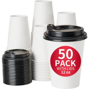 RACETOP 12 oz 50 Pack Disposable Paper Coffee Cups with Lids, Paper Coffee Cups with Lids 12 oz, Hot Cup for Home/Office, White, 12 oz, 50 Pack With Lids