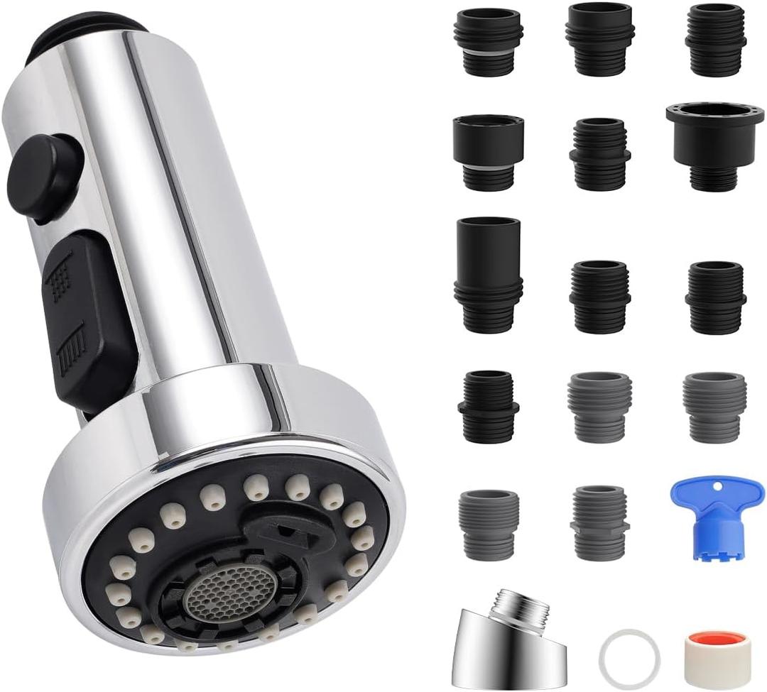 Hibbent Pull Down Kitchen Faucet Head Replacement, 3 Function Sink Faucet Sprayer Head Nozzle with 15 Adapters, Compatible with Moen, American Standard, Delta, Kohler Faucets, Chrome