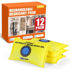 FURWEY 100g (12 Packs) Rechargeable Desiccant Packs for Storage, Color Indicating Silica Gel Desiccant Packets, Moisture absorbers for storage,Dehumidifier bag for Closets,Cars,Storage Bins