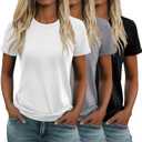 Huukeay 3 Pack Women's Cotton T Shirts Casual Short Sleeve Tunic Tops Crewneck Summer Loose Fit Plain Basic Tee (Large, Black, White, Gray)