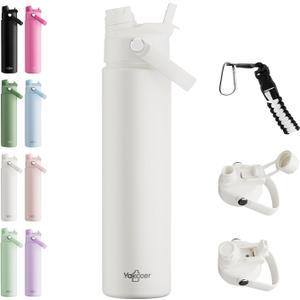 26oz Insulated Water Bottle with 2-in-1 Straw and Spout Lid, 304 Stainless Steel Water Bottle Keep Cold for 24H,Leak-Proof,Sports Water Bottle with Braided Carry Strap for Travel,Outdoors,Cream White