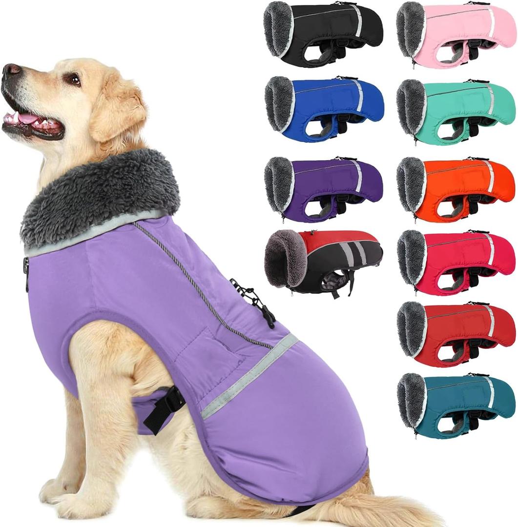 QBLEEV Warm Dog Coat Reflective Winter Jacket, Waterproof Windproof Dog Turtleneck Clothes for Cold Weather, Thicken Fleece Lining Pet Outfit, Adjustable Pet Vest Apparel for Small Medium Large Dogs (Lavender)