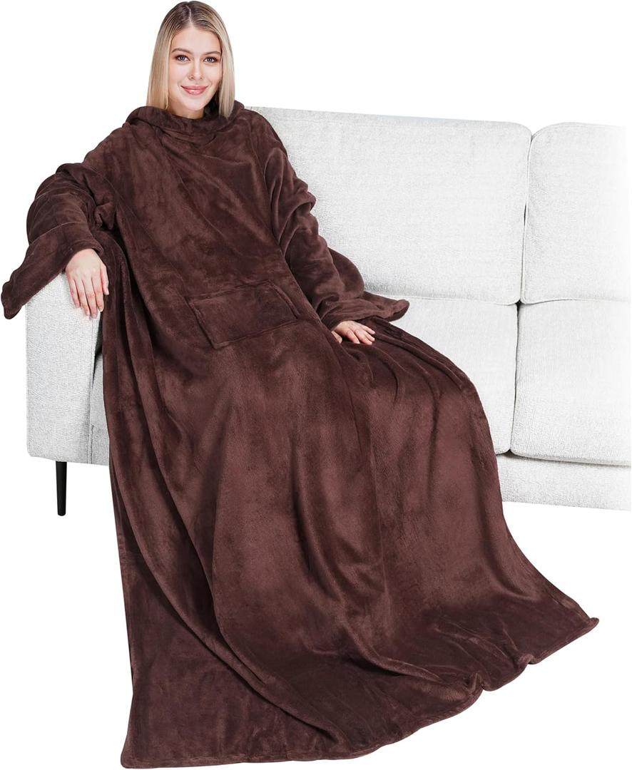 PAVILIA Wearable Blanket with Sleeves for Adult Women Men, Cozy Fleece Warm Wrap Throw with Arms, Gifts for Christmas, Wife (Brown)