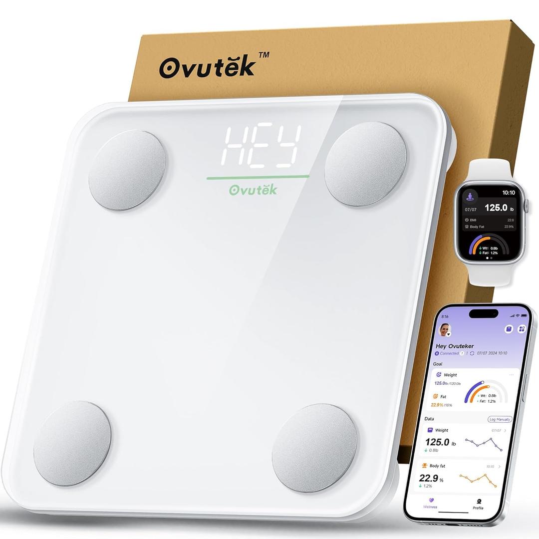 Ovutek Smart Scale for Body Weight, Digital Bathroom Scale BMI Weighing Body Fat Scale, Accurate Body Composition Scale Monitor for People's Health with Smartphone App, Compact Size, 400lb (White)