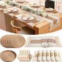 6 Sets Boho Placemats: Round Woven, Rectangular Boho, Wooden Bead Napkin Rings, Cloth Napkins, Long Table Runner & Storage Basket - Natural Burlap Cotton for Kitchen Dining Table Home