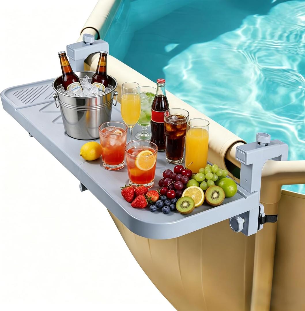 winemana Pool Bar for Above Ground Pool, 38.4 x 12 Inch Adjustable Poolside Table Foldable Swimming Pool Shelf Fits Round Oval Rectangle Frame Pools Outdoor Drink Tables for Deck Patio, Grey