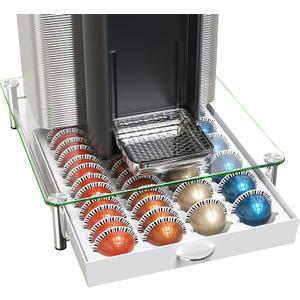 DecoBrothers Crystal Tempered Glass Vertuo Pod Holder Drawer, 24 Large or 48 Small Nespresso Capsule Organizer, White