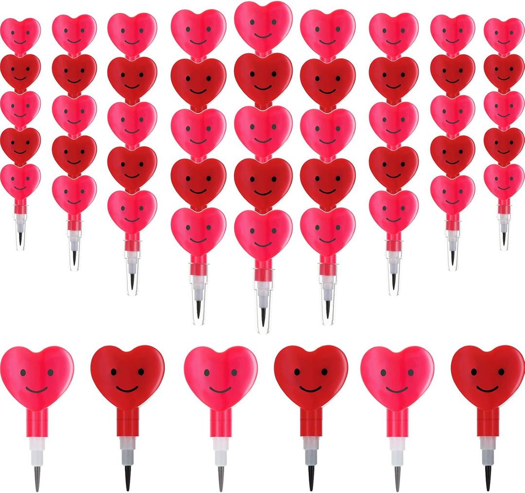 Zonon 36 Pcs Valentine's Day Pencils Bulk Plastic Stacking Heart Pencils Cute Smile Face Pens for Valentine's Day Gifts Rewards Goodie Bag Stuffers Party Favors (Red and Pink)