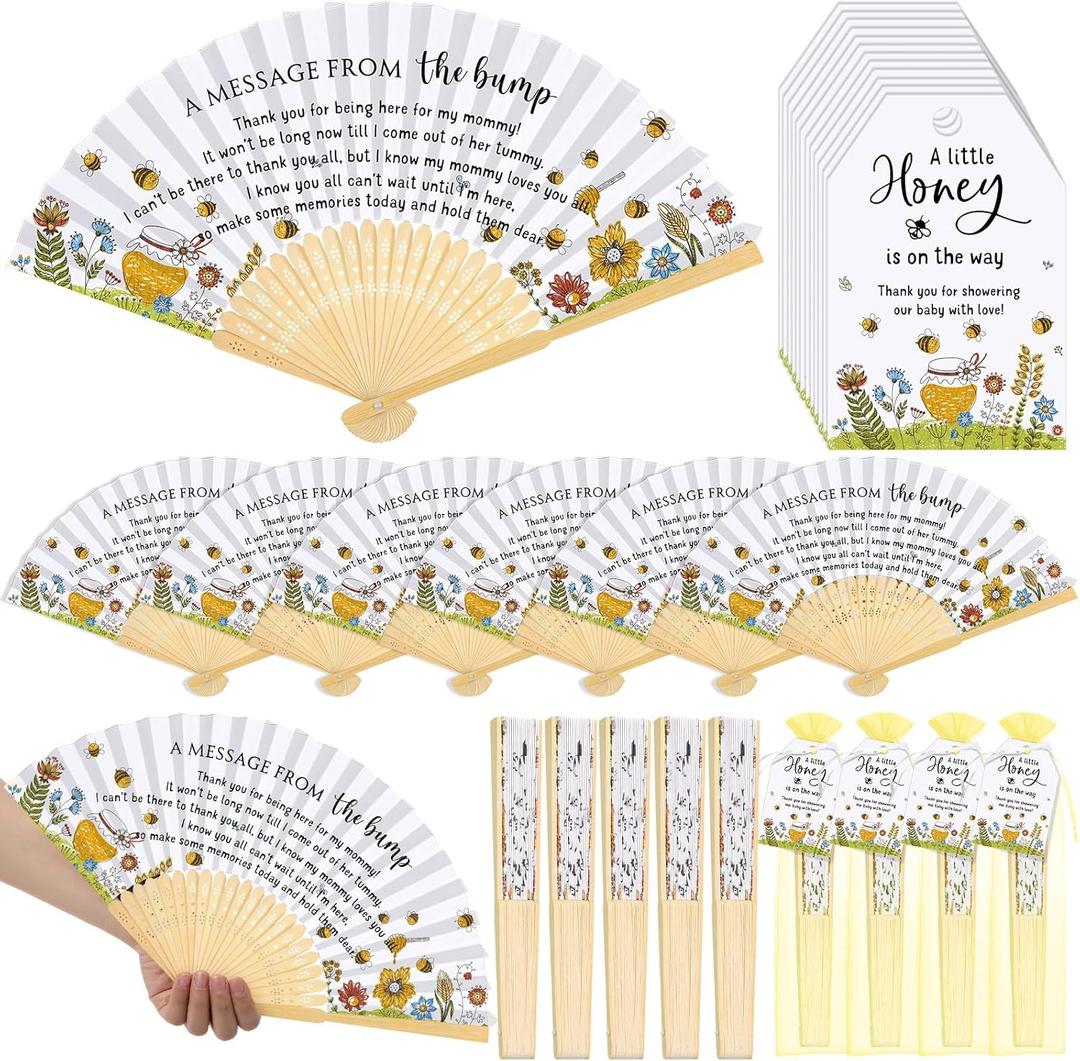 Threehoney 50 Sets Bee Baby Shower Hand Fans for Guests, Bamboo Folding Fans with Thank You Cards Organza Bags Bee Baby Shower Party Favors Decorations