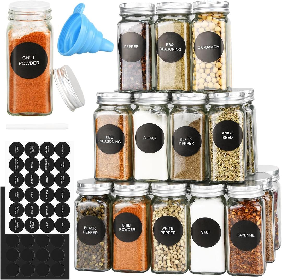 DkOvn 12/24/36/48pcs Glass Spice Jars, 4oz Empty Spice Jars with Metal Caps, Labels, Shaker Lids, Collapsible Funnel, Chalk Pen, Seasoning Organizer for Spice Rack(12pcs 4oz Set)