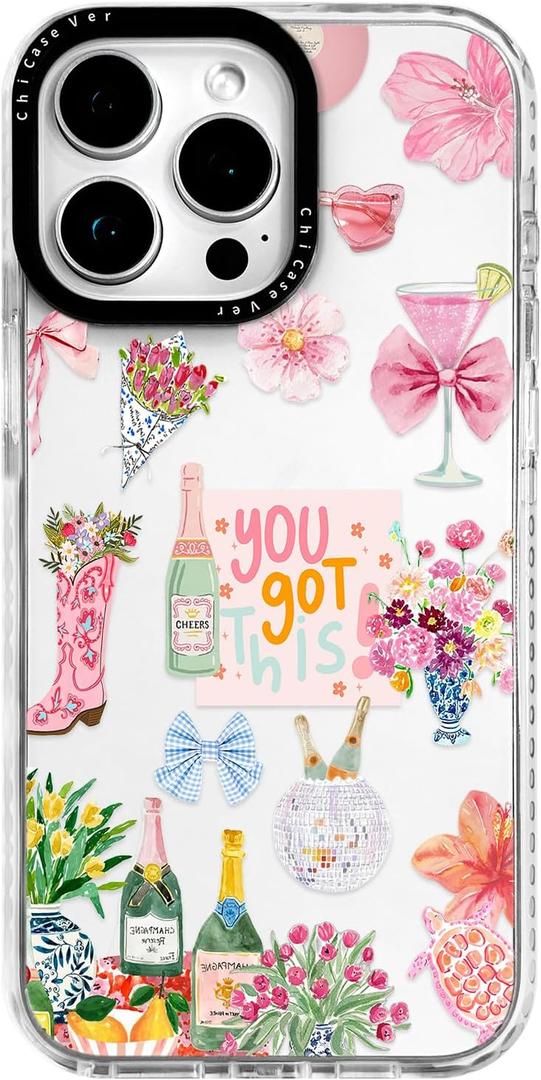 for iPhone 15 Pro Case, Floral Celebration Collage with You Got This, Military-Grade Drop Protection, Party Soft Slim TPU Protective Cover with Camera Protection for Women & Girls (ItalianBeach)