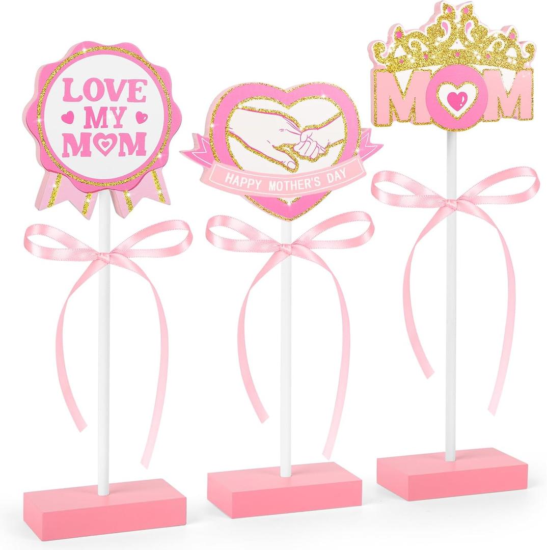 3 PCS Mother's Day Table Decorations, MOM Wooden Signs for Mother's Day Home Kitchen Decorations (MOM)