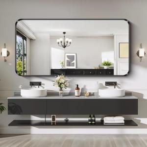 CIRCUMI Black Bathroom Mirror, 30"x55 Rectangular Mirror with Deep Metal Frame, Rounded Corner, Tempered Glass, Large Mirror for Wall, Over 2 Sinks, Installed Vertically/Horizontally, Crystal-Clear