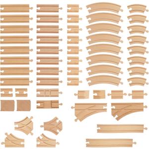 Wooden Train Tracks 58 Piece Set, Track Expansion and 9 Distinct Pieces - 100% Compatible with All Major Brands Including Thomas Wooden Railway System