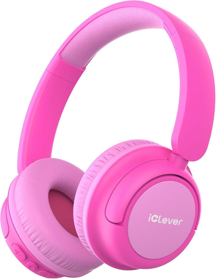 iClever BTH22 Kids Bluetooth Headphones, 60H Play Time, 74/85 dBA Safe Volume, Bluetooth 5.4, USB C, Over Ear Kids Headphones Wireless with Mic AUX Cord for iPad/Tablet/Travel, Blossom Pink