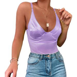 Velius Women's Sexy Metallic Shiny Bodysuit Tank Tops for Night Club Going Out (Large, Taro Purple)