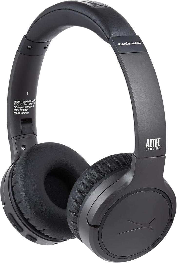 Altec Lansing Nanophones ANC Bluetooth Wireless Active Noise Cancelling Headphones On Ear Headphones 12 Hour Battery Life, Foldable Earcups, Removeable Mic for Working and Learning from Home (Grey)